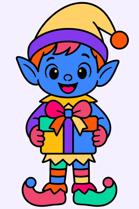 Cheerful elf holding a wrapped gift box tied with a big bow coloring page
