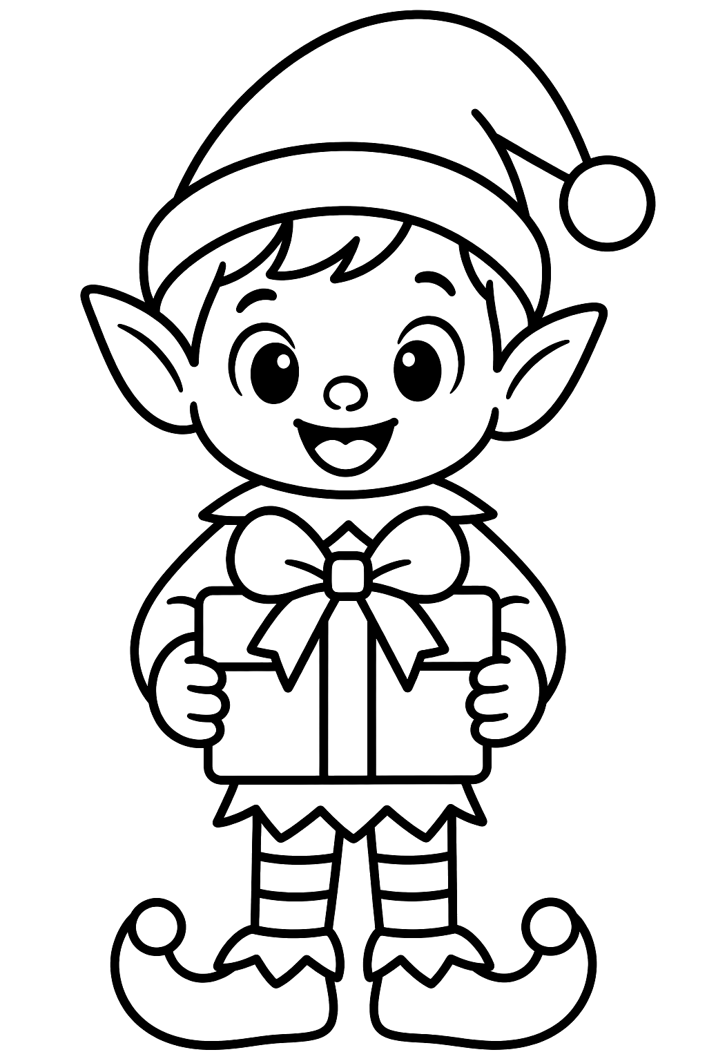 Cheerful elf holding a wrapped gift box tied with a big bow coloring page