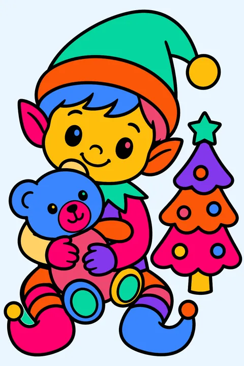 Little elf hugging a teddy bear beside a small christmas tree coloring page