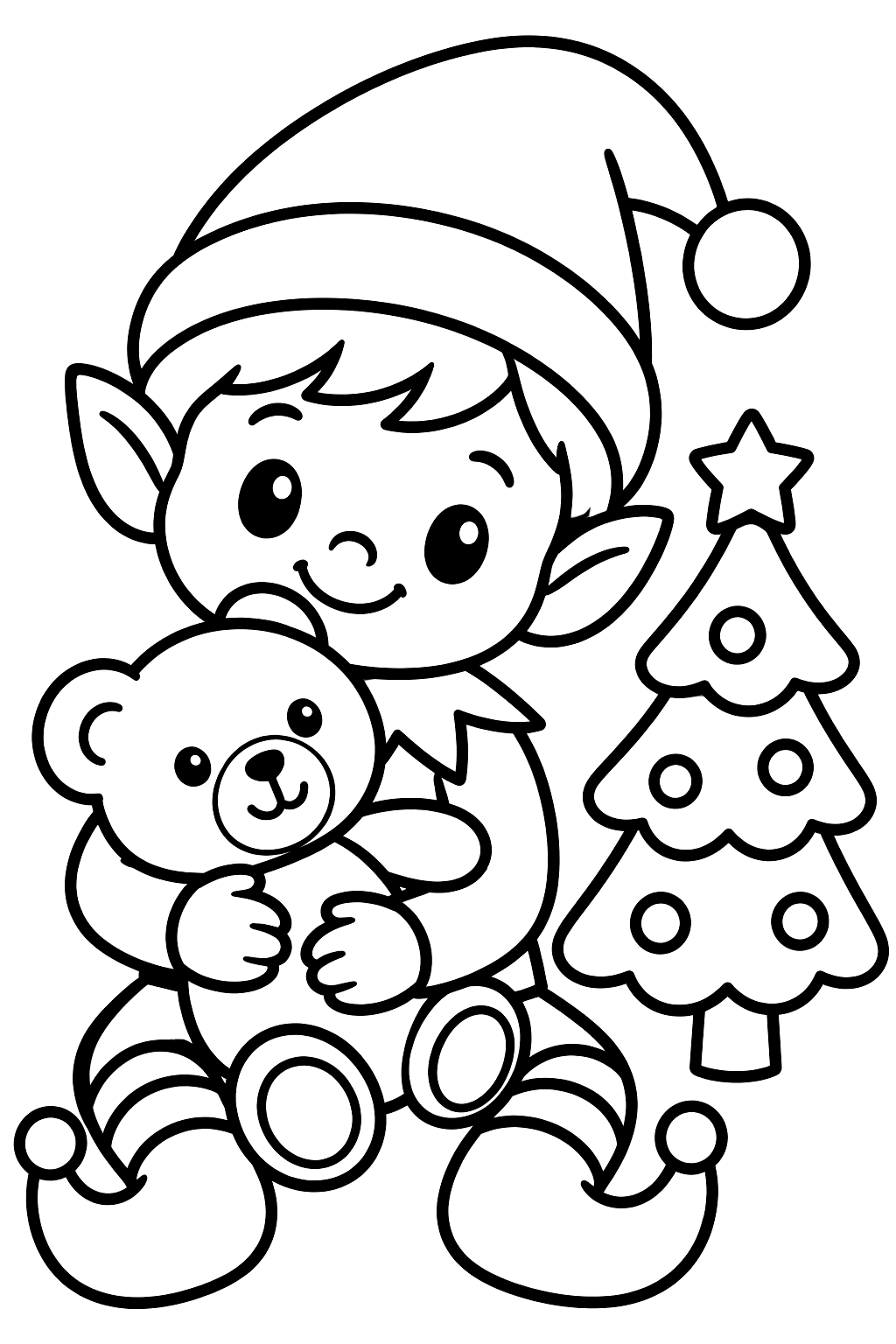 Little elf hugging a teddy bear beside a small christmas tree coloring page