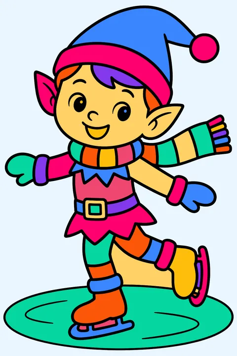 Elf ice skating on a frozen pond wearing a striped scarf coloring page