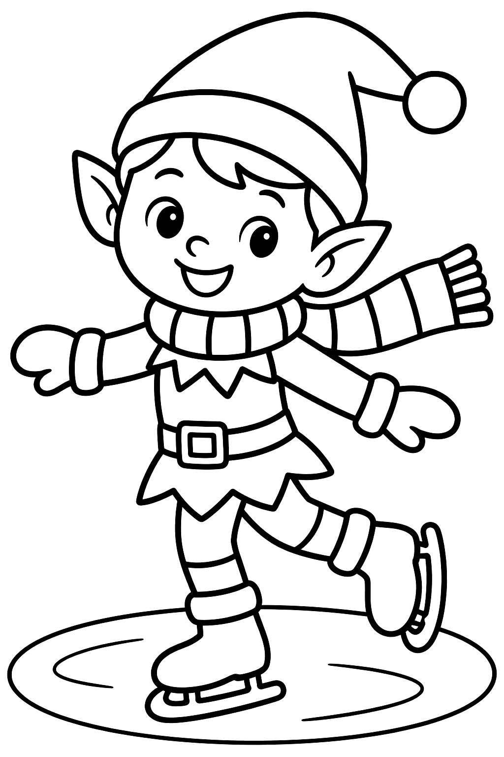 Elf ice skating on a frozen pond wearing a striped scarf coloring page