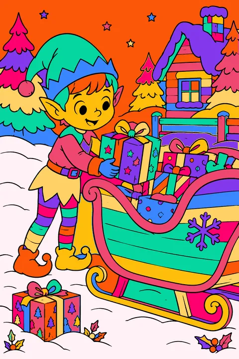 Elf loading wrapped presents into a big wooden sleigh in the snow coloring page