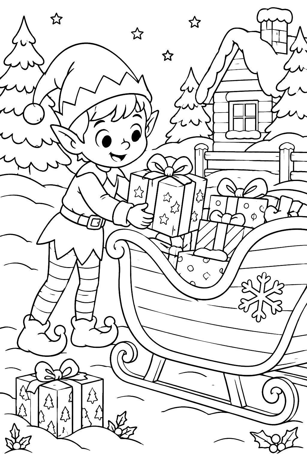 Elf loading wrapped presents into a big wooden sleigh in the snow coloring page