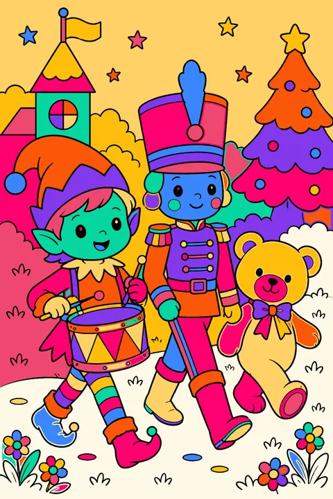 Elf marching with a drum beside a toy soldier and a teddy bear coloring page