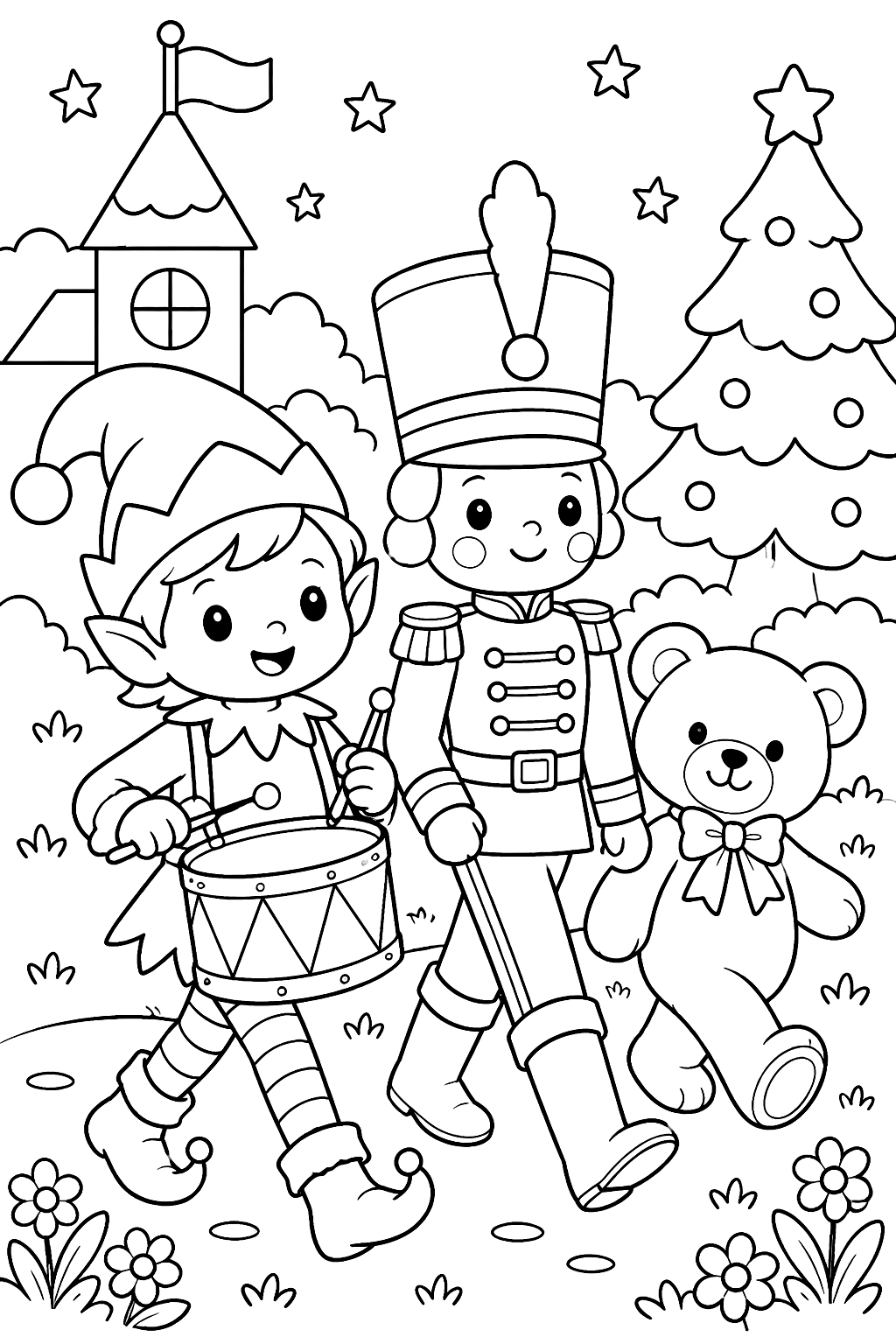Elf marching with a drum beside a toy soldier and a teddy bear coloring page
