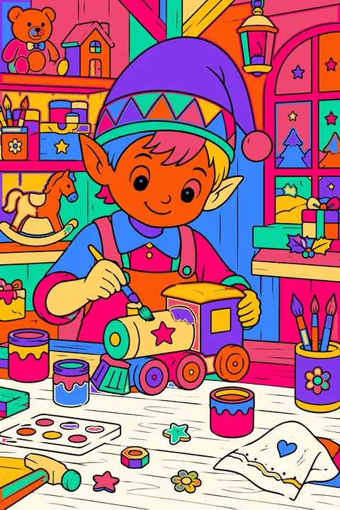 Elf painting a wooden toy train at a busy workshop bench coloring page