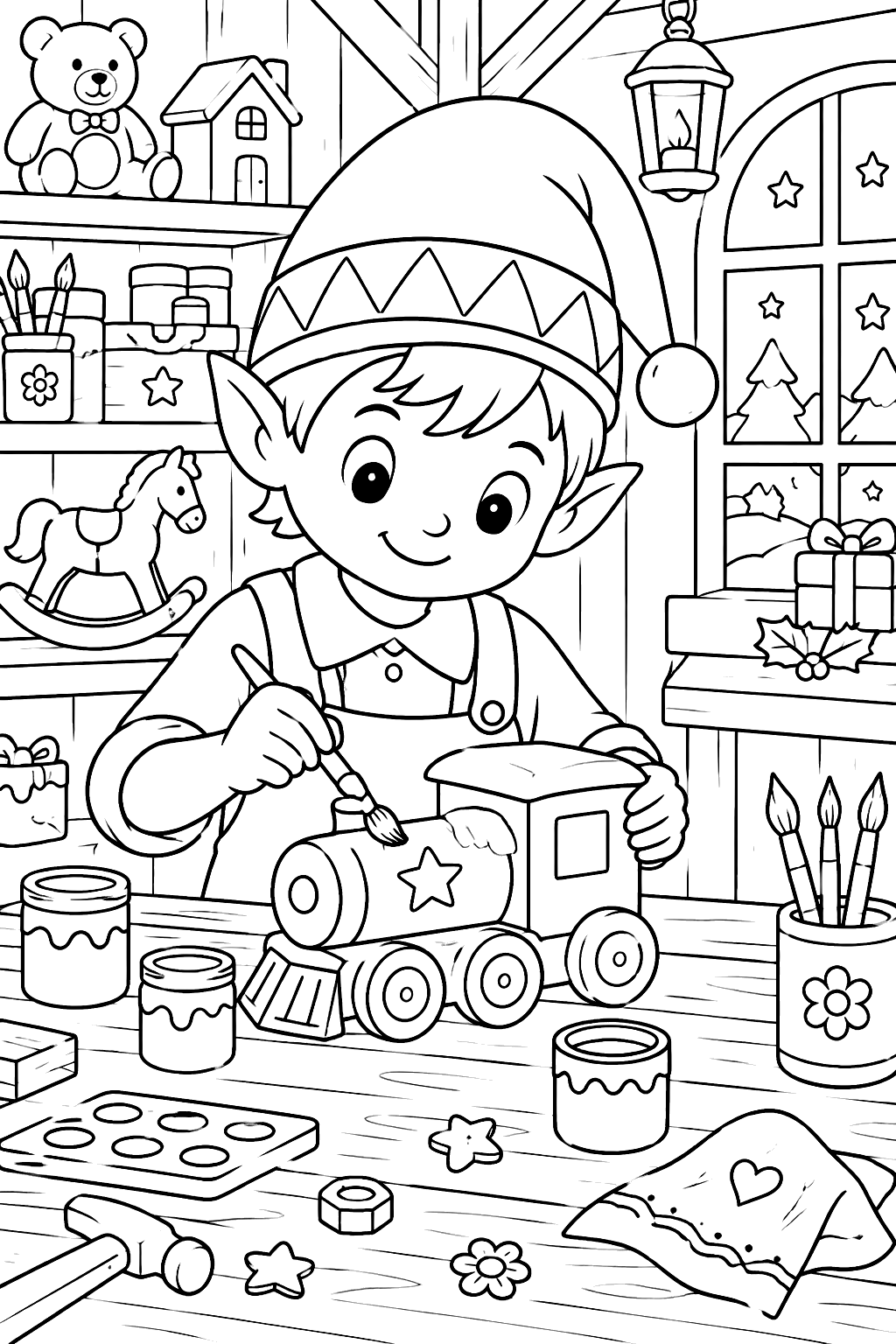 Elf painting a wooden toy train at a busy workshop bench coloring page