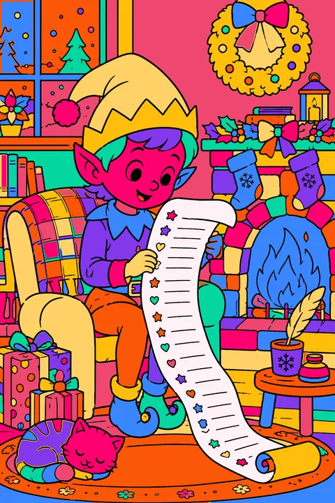 Elf reading a long rolled gift list beside a cozy fireplace coloring page