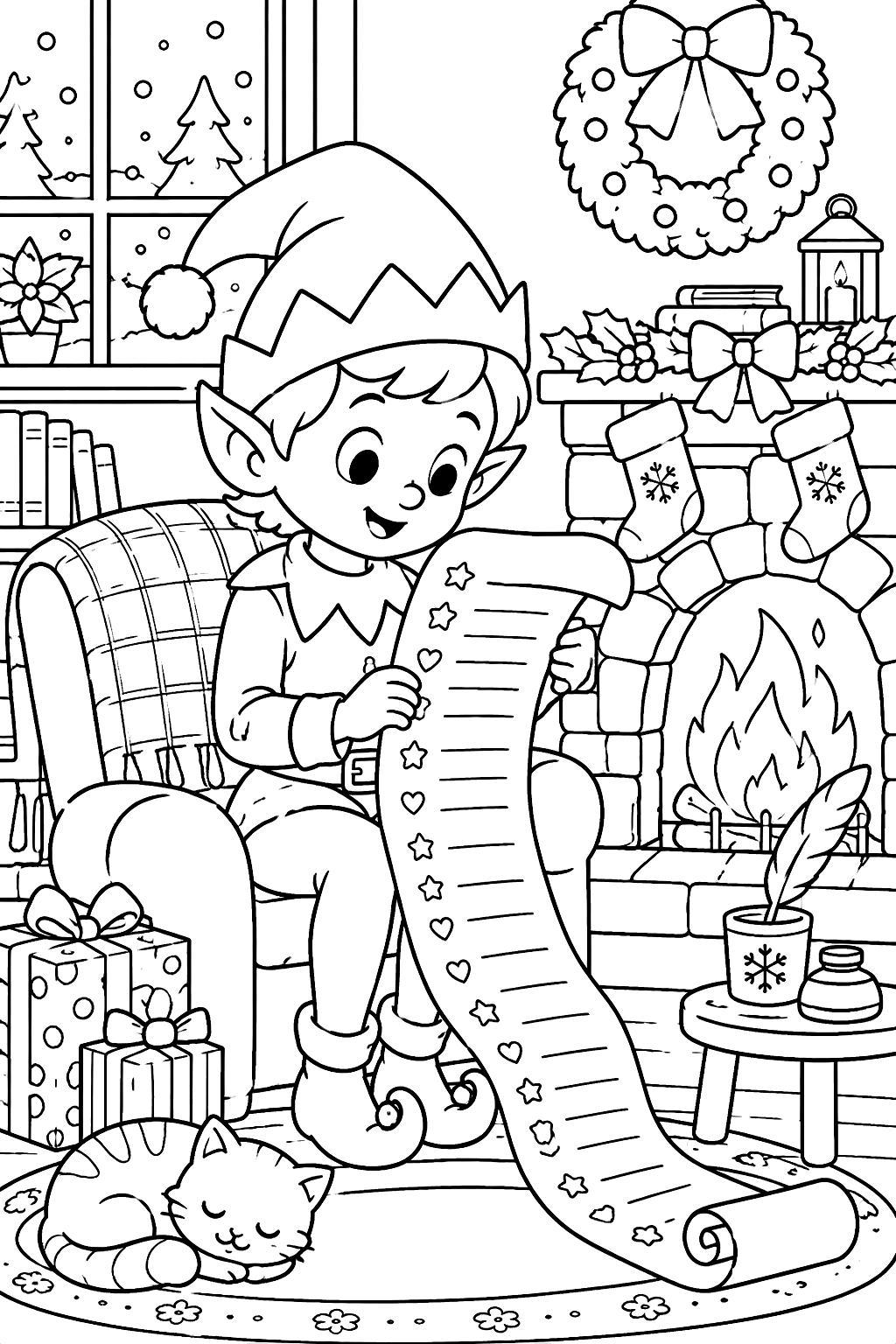 Elf reading a long rolled gift list beside a cozy fireplace coloring page