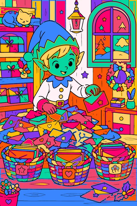 Elf sorting a mountain of envelopes into baskets in a cozy mailroom coloring page