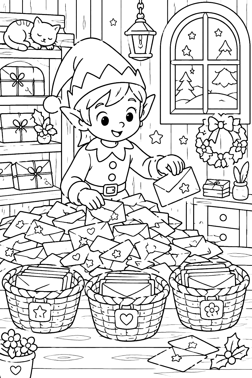 Elf sorting a mountain of envelopes into baskets in a cozy mailroom coloring page