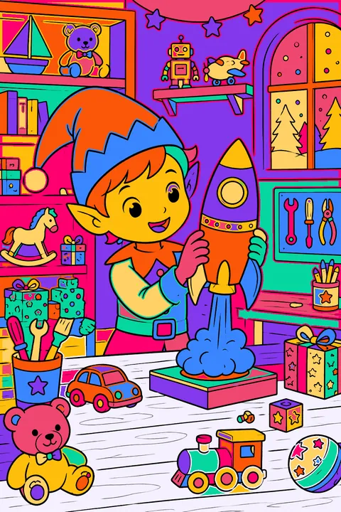 Elf testing a toy rocket in a workshop full of shelves and toys coloring page