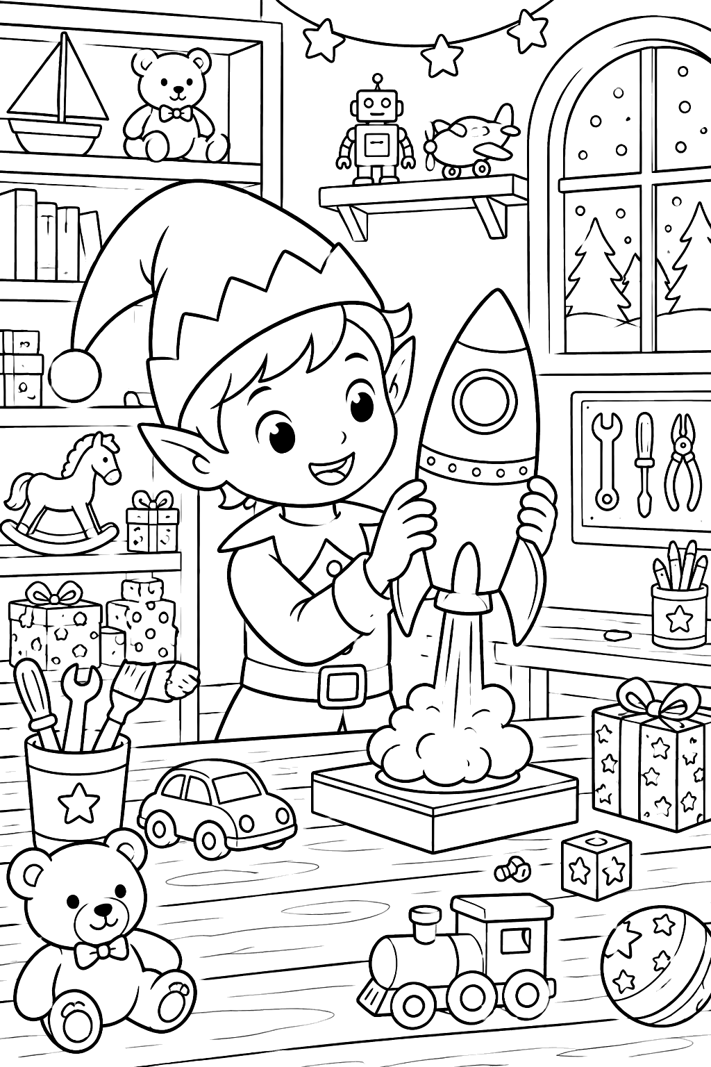 Elf testing a toy rocket in a workshop full of shelves and toys coloring page