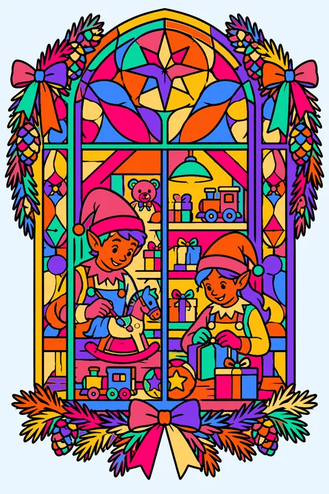Elf workshop window with intricate stained glass patterns, toys and pine garland coloring page