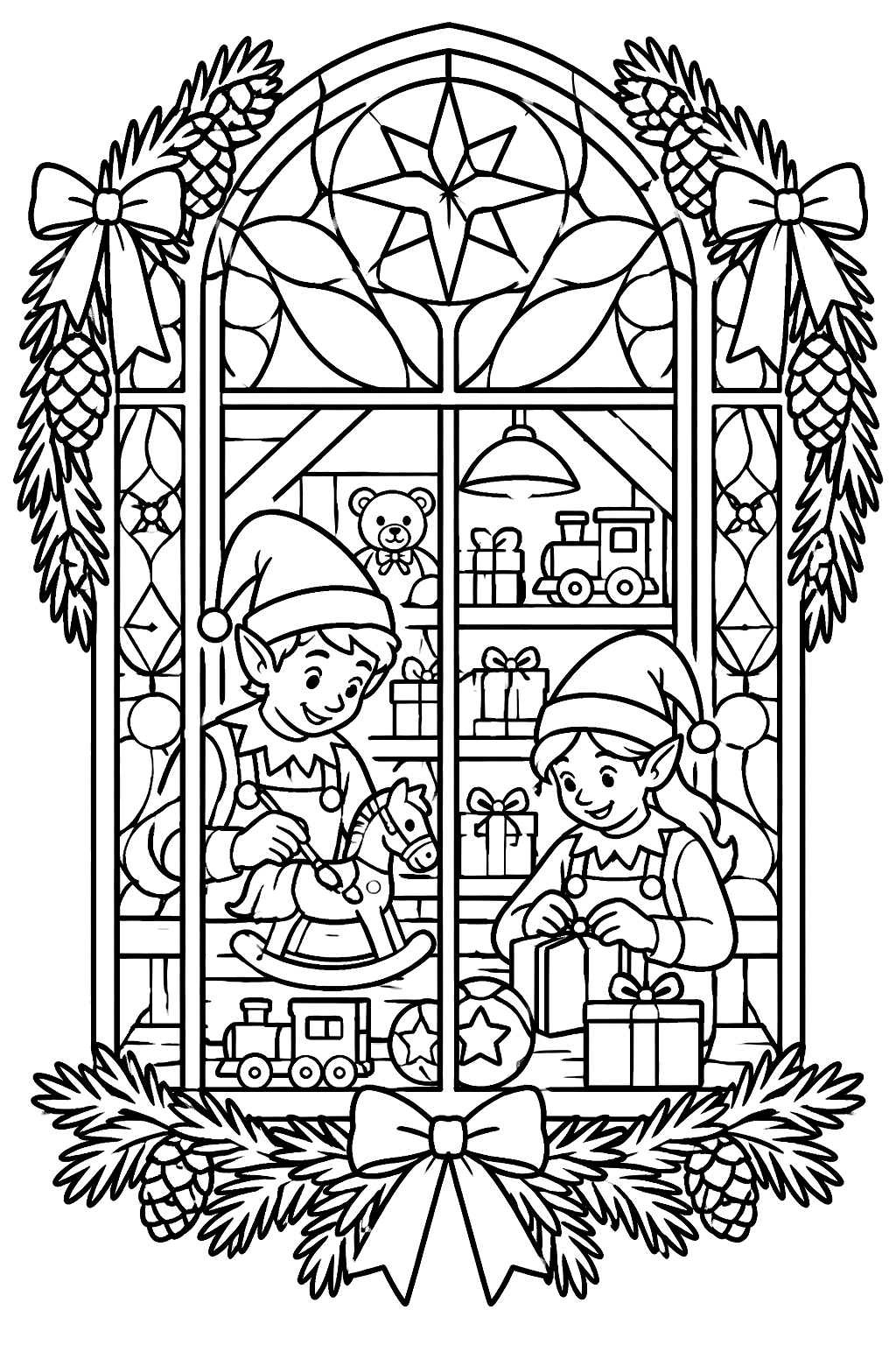 Elf workshop window with intricate stained glass patterns, toys and pine garland coloring page