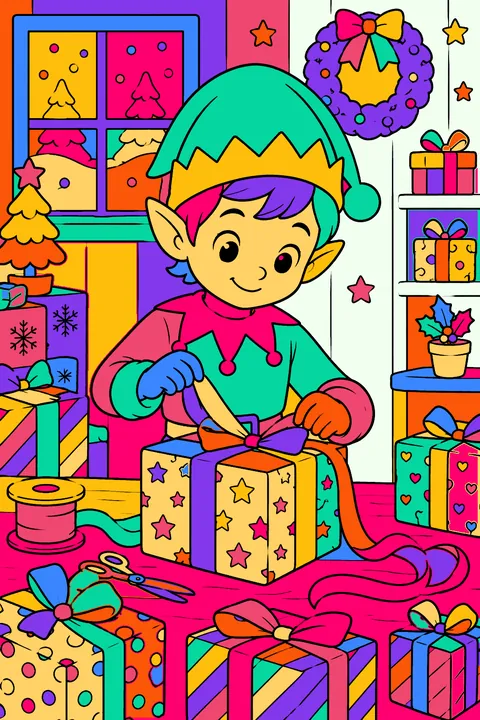 Elf wrapping presents with ribbon at a table piled high with boxes coloring page