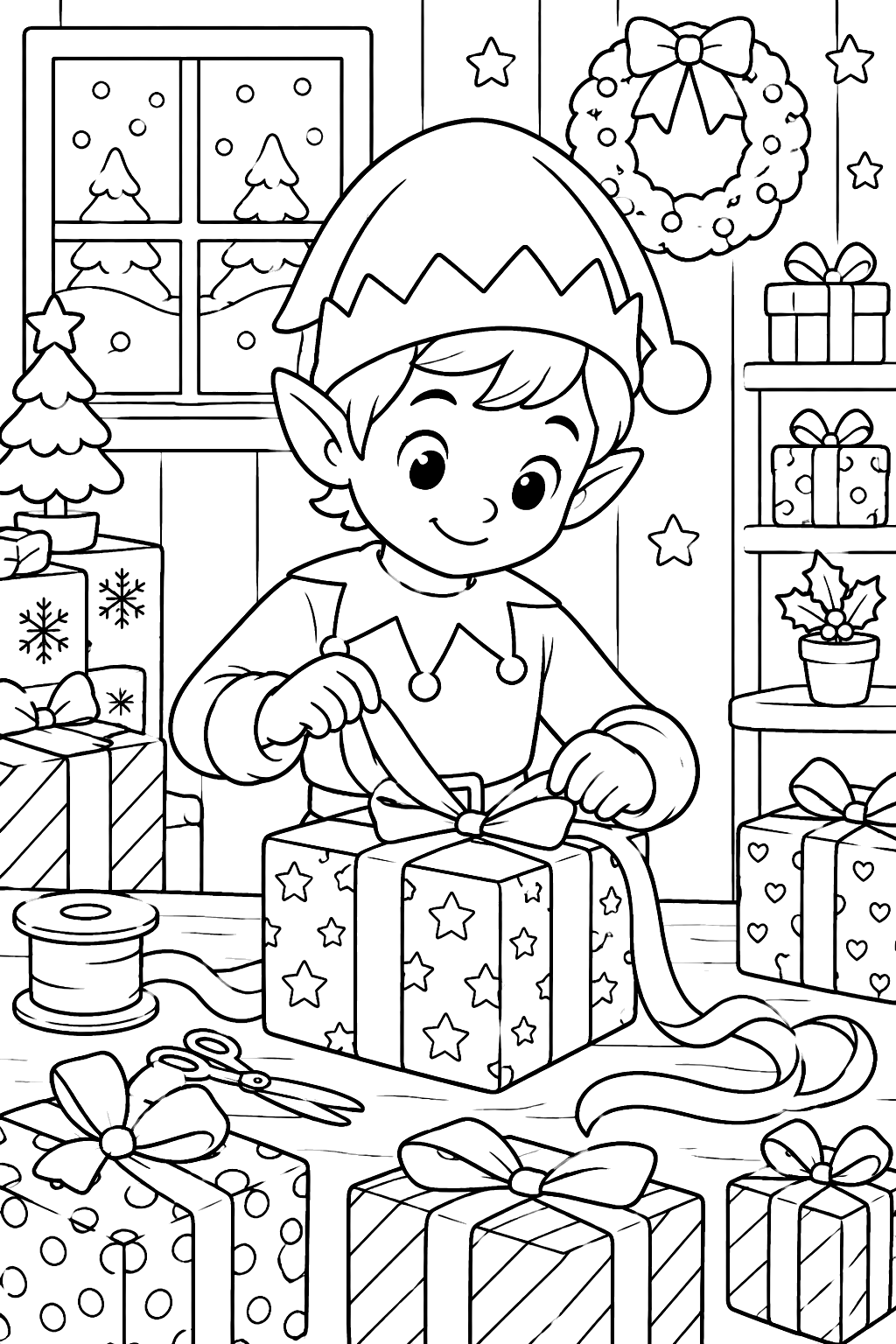 Elf wrapping presents with ribbon at a table piled high with boxes coloring page
