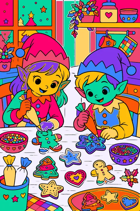 Two elves decorating gingerbread cookies at a kitchen table with frosting bags coloring page