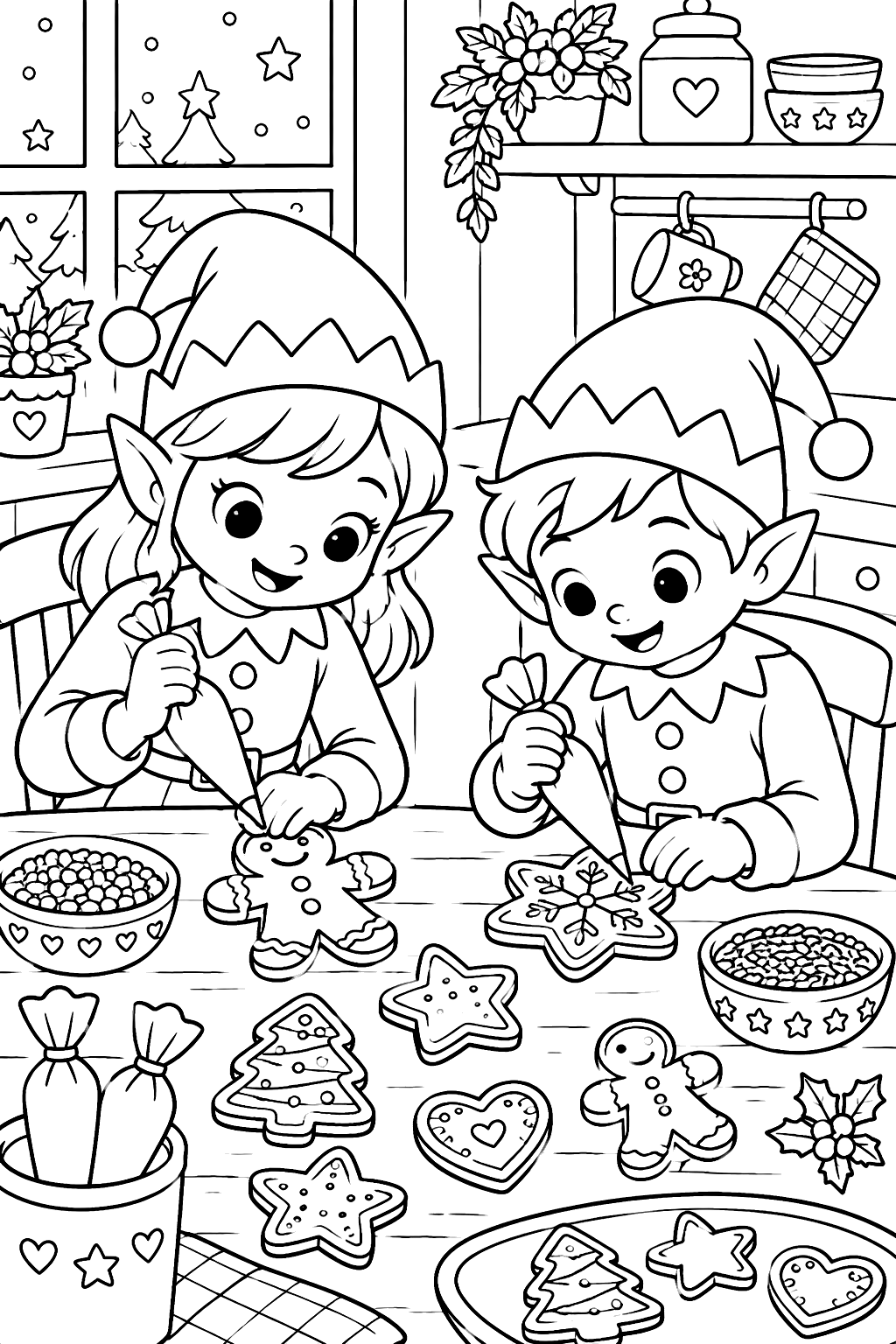 Two elves decorating gingerbread cookies at a kitchen table with frosting bags coloring page