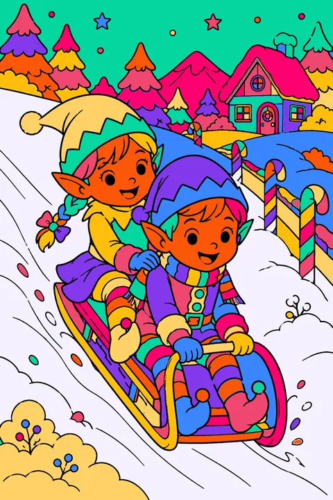 Two elves sledding down a snowy hill past a candy cane fence coloring page