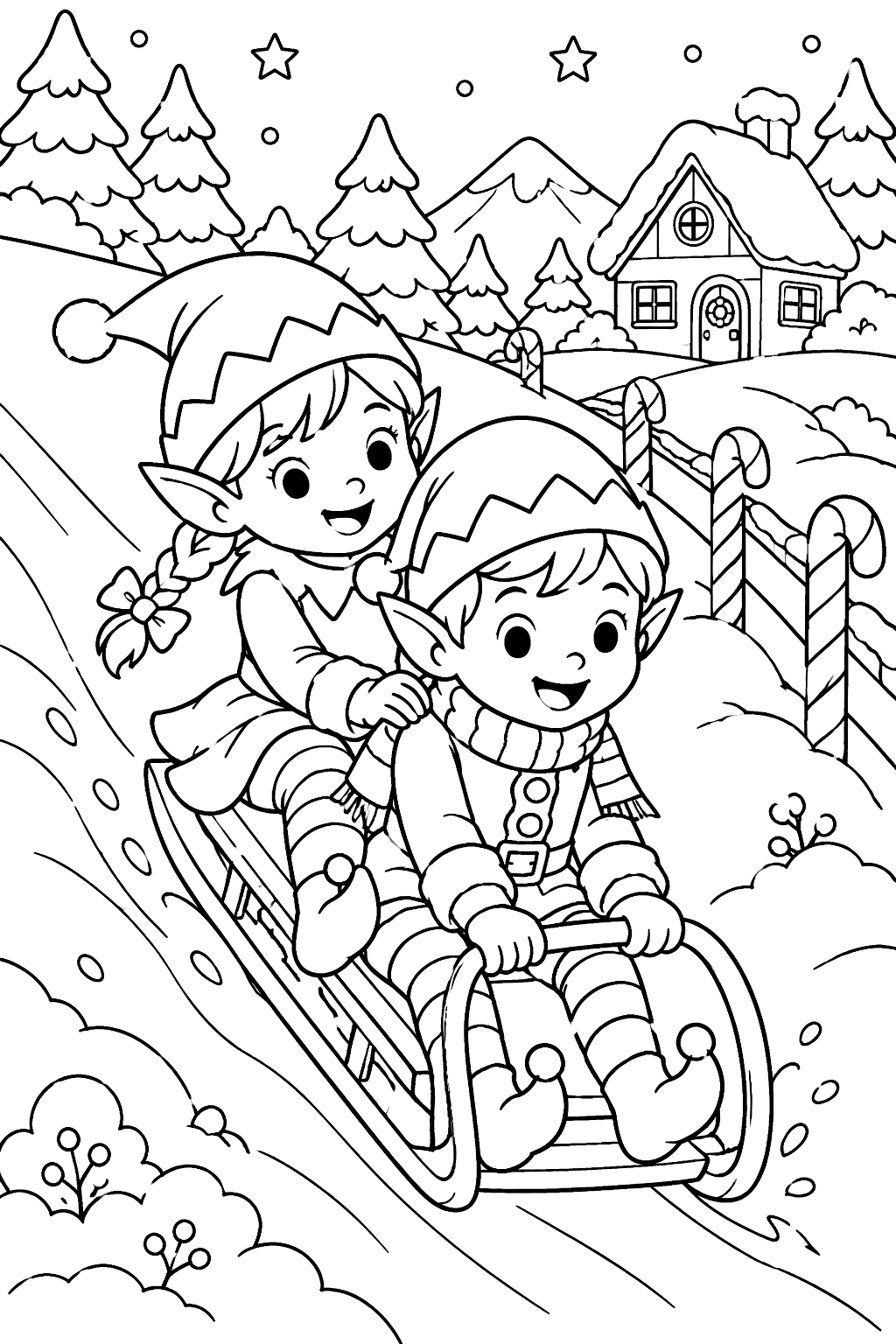Two elves sledding down a snowy hill past a candy cane fence coloring page