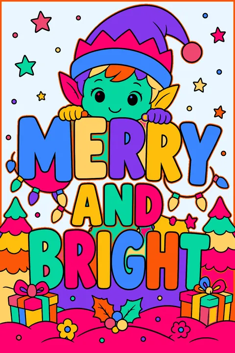Big outline letters spelling merry and bright with a small elf peeking over coloring page