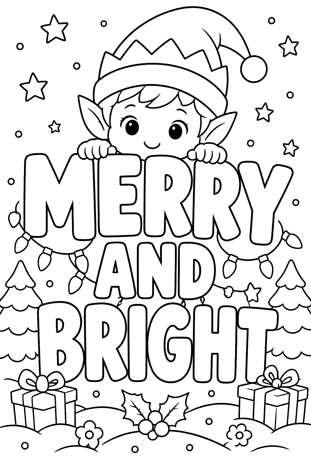 Big outline letters spelling merry and bright with a small elf peeking over coloring page
