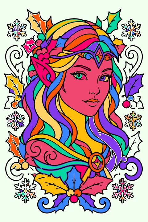 Ornate elf portrait framed by holly leaves, snowflakes and swirling ornament patterns coloring page