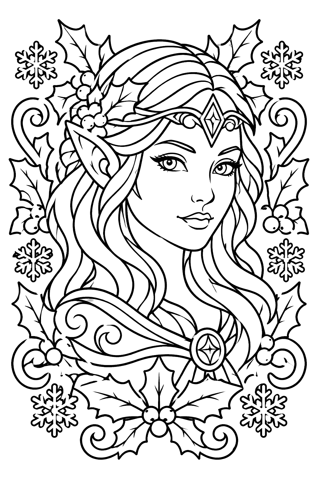 Ornate elf portrait framed by holly leaves, snowflakes and swirling ornament patterns coloring page