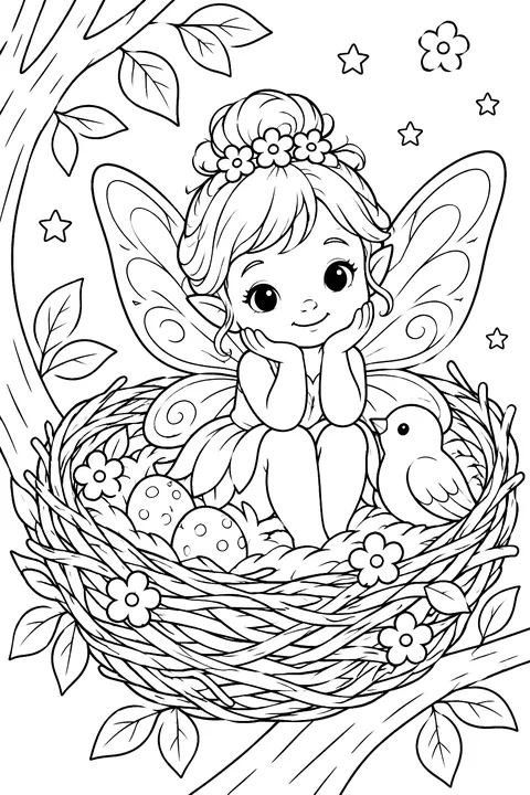 Baby fairy in a bird's nest coloring page