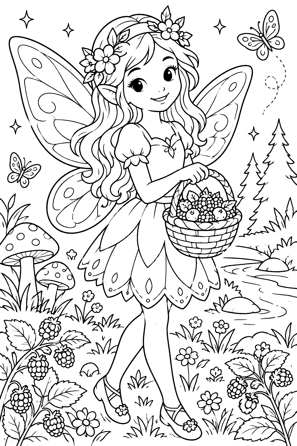 Fairy with a basket of berries coloring page