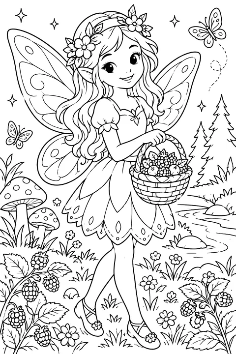 Fairy with a basket of berries coloring page