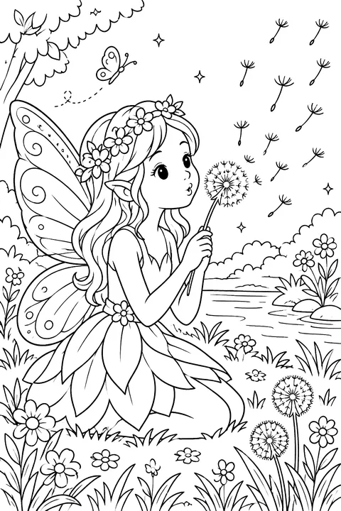 Fairy blowing dandelion seeds coloring page