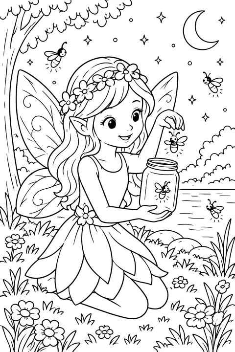 Fairy catching fireflies in a jar coloring page