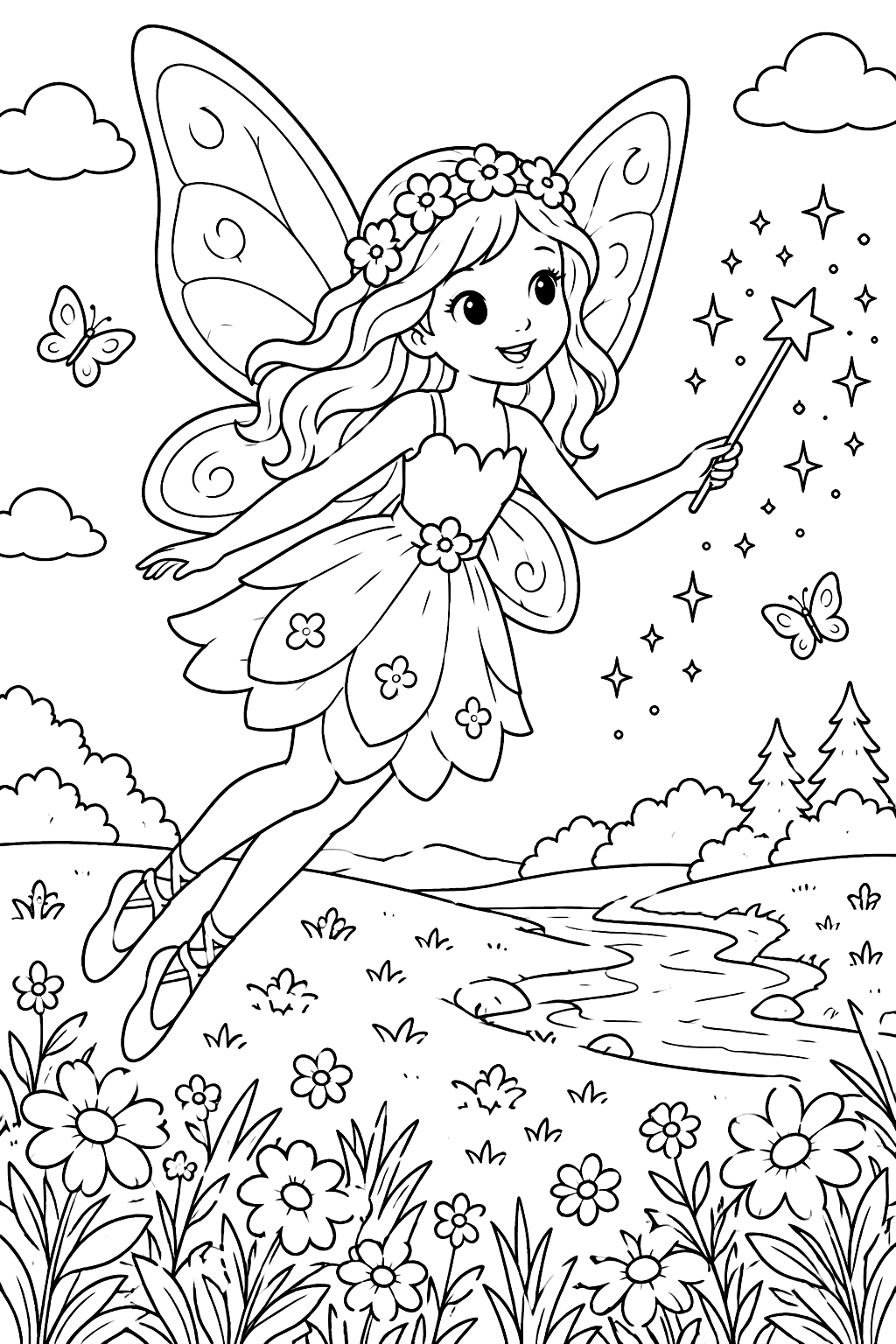 Fairy flying over a meadow with a magic wand coloring page