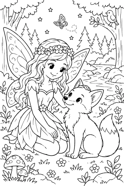 Fairy and a friendly fox in the woods coloring page