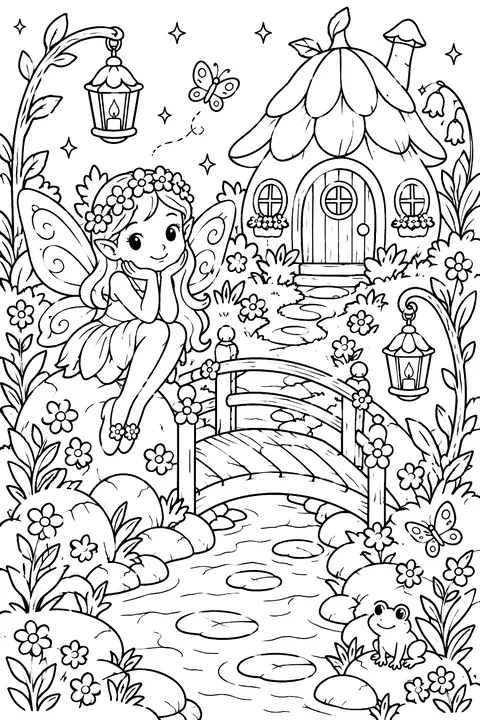 Fairy garden with a tiny bridge and lanterns coloring page