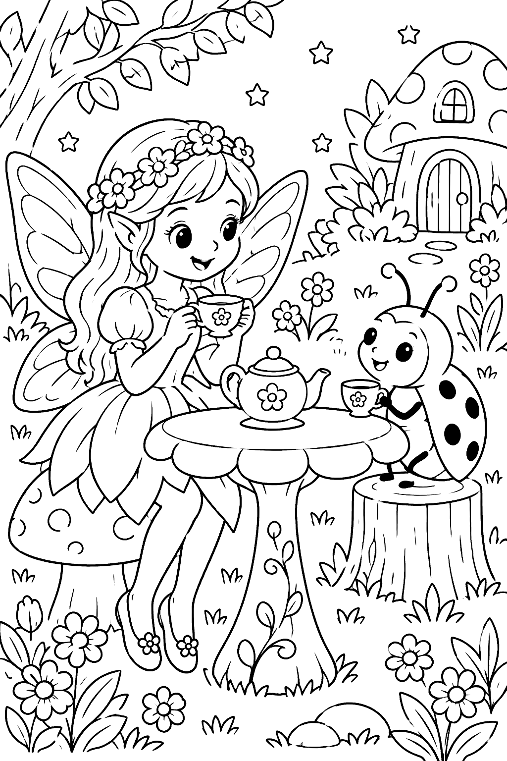 Fairy having tea with a ladybug coloring page