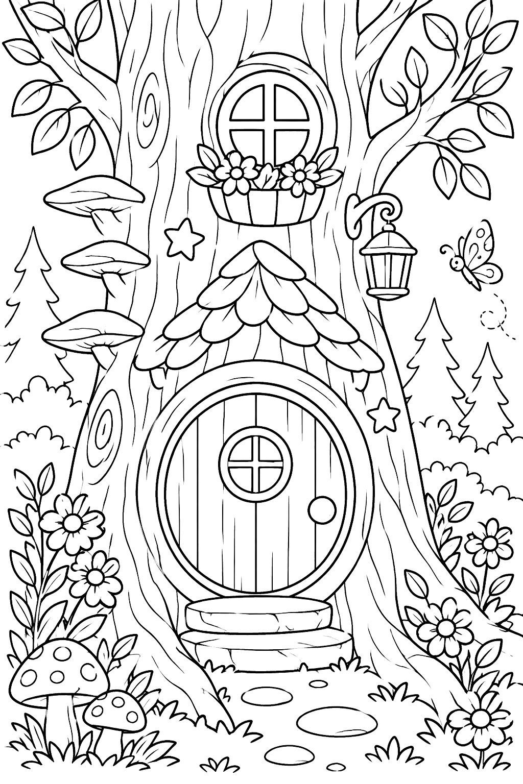 Fairy house in a tree trunk with a round door coloring page