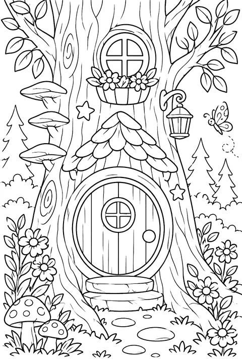 Fairy house in a tree trunk with a round door coloring page