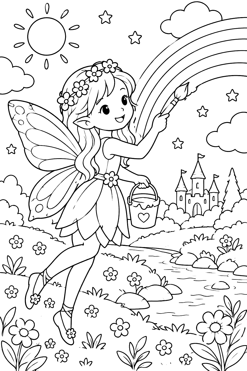 Fairy painting a rainbow coloring page