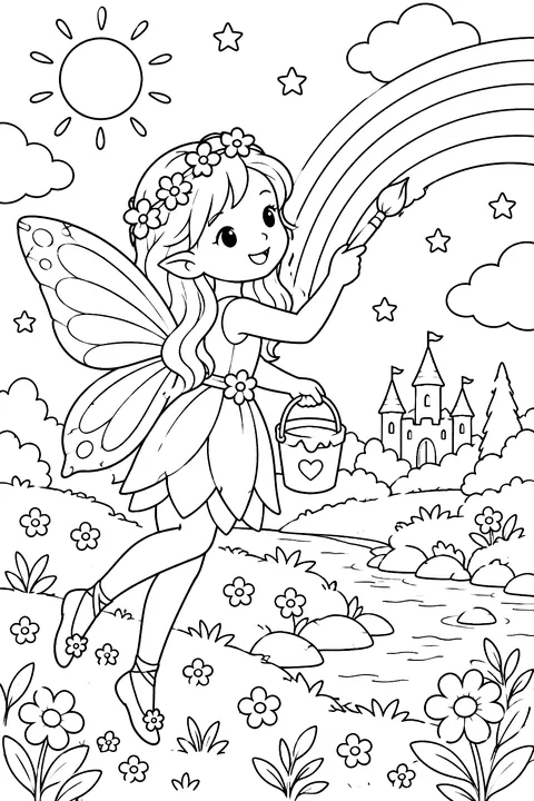 Fairy painting a rainbow coloring page