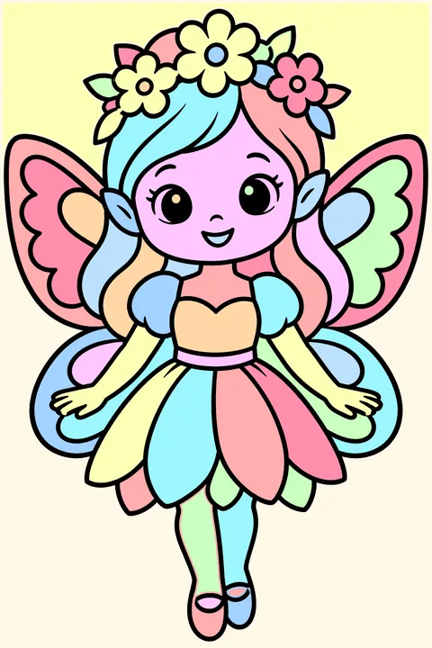 Fairy portrait with flowers in her hair and lace wings coloring page