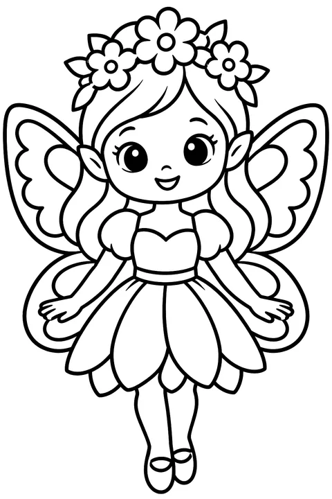 Fairy portrait with flowers in her hair and lace wings coloring page
