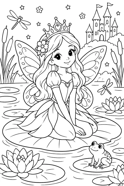 Fairy princess with a crown on a lily pad coloring page
