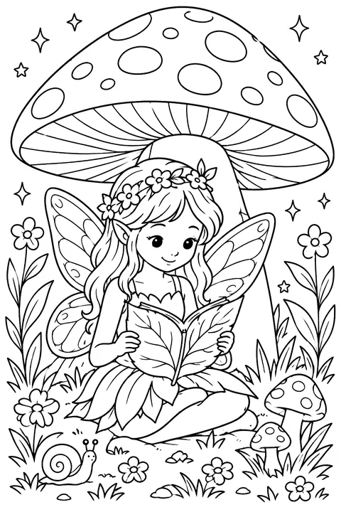 Fairy reading a leaf book under a toadstool coloring page