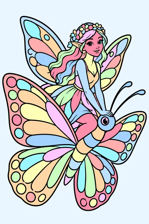 Fairy riding a butterfly coloring page