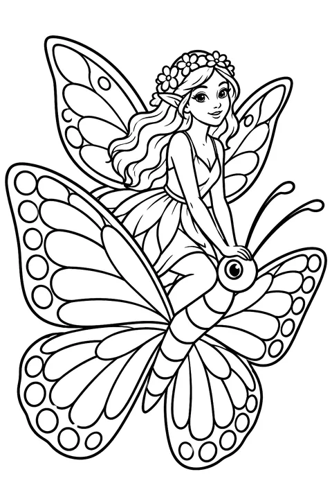 Fairy riding a butterfly coloring page