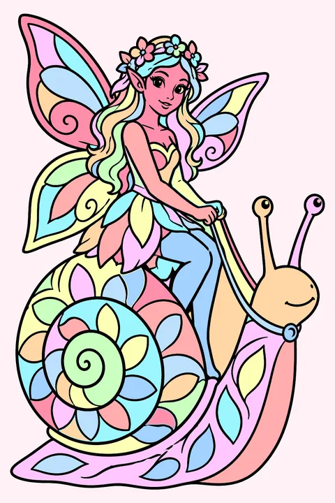 Fairy riding a snail coloring page